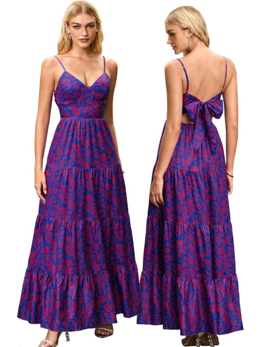 Women's Red Blue Boho Floral Maxi V-Neck Backless Tie Strap Flowy Sundress